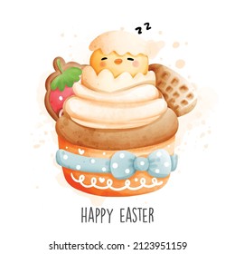 Happy Easter with sweet cupcake and chicken