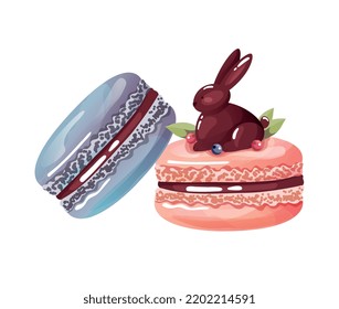 Happy Easter. Sweet macaroons with berries and chocolate figurine of hare or bunny. Design element for postcard for spring holiday. Cartoon realistic vector illustration isolated on white background