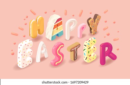 Happy Easter sweet text on a pink background. Celebration concept with candy typeface. Vector childish invitation card