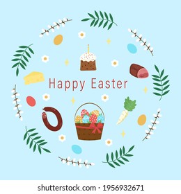 Frohe Ostern! Ostersymbole Korb mit Eiern, Kuchen, Wurst, Schinken, Käse, Pferdefleisch. Vektorgrafik