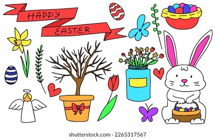 Happy Easter symbols in doodle style. Bunny, eggs, flowers. Vector illustration.