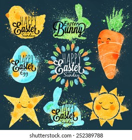 Happy easter symbols painted color pastel in kids style, sun, chicken, egg, rabbit, carrot, star on a dark blue background