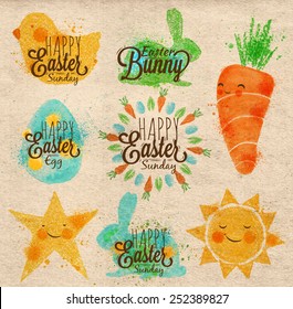 Happy easter symbols painted color pastel in kids style, sun, chicken, egg, rabbit, carrot, star on kraft paper