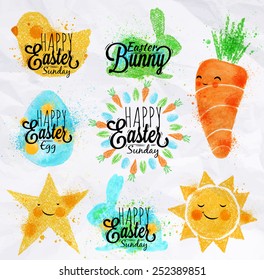 Happy easter symbols painted color pastel in kids style, sun, chicken, egg, rabbit, carrot, star