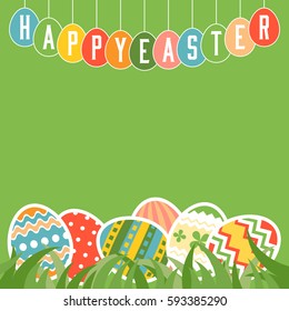 Happy easter in tag and colorful eggs on grasses with space on green background for business, poster, advertising, flat design vector