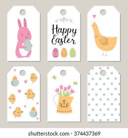 Happy Easter tag for design elements set with cute watering can, chicken, lettering. Happy Easter. Illustration for design card of the Easter, scrapbook or party