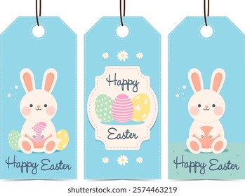 Happy Easter Tags. Cute Easter Bunny. Vector Illustration.