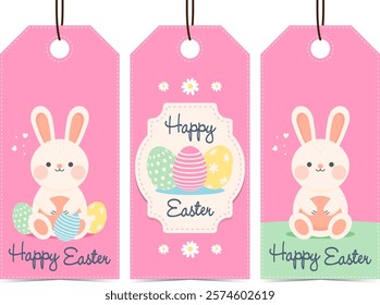 Happy Easter Tags. Cute Easter Bunny. Vector Illustration.