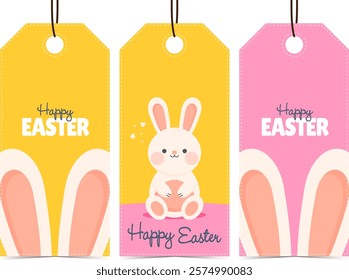 Happy Easter Tags. Cute Easter Bunny. Vector Illustration.
