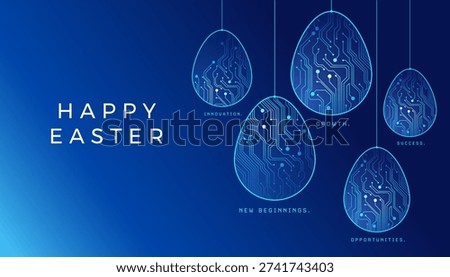 Happy Easter technology greeting card - hanging digital Easter eggs with circuit board pattern as growth and renewal concept - abstract blue vector background for Easter business social media template