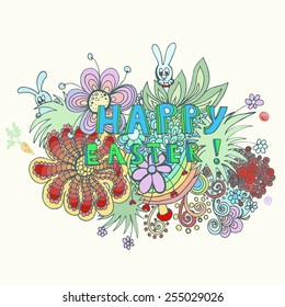 Happy easter template. Easter background with colorful easter eggs and easter bunny