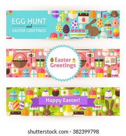 Happy Easter Template Banners Set Modern.  Flat Design Vector Illustration of Brand Identity for Spring Promotion. Religious Holiday Colorful Pattern for Advertising.