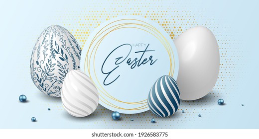 Feliz plancha de Pascua con huevos florales azules, blancos y rústicos, de fondo salpicado. Ilustración vectorial. Diseño para invitación, tarjeta, menú, volante, banner, cartel, vale. Diseño elegante