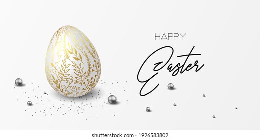 Happy easter template with blue, white rustic floral eggs, dotted background. Vector illustration. Design layout for invitation, card, menu, flyer, banner, poster, voucher. Elegant design