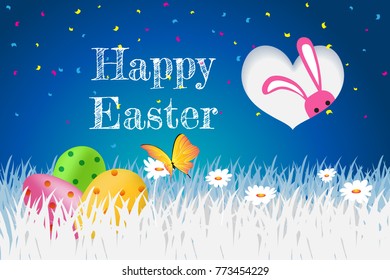 Happy Easter, Template card with eggs, grass, rabbit, flowers and butterfly.