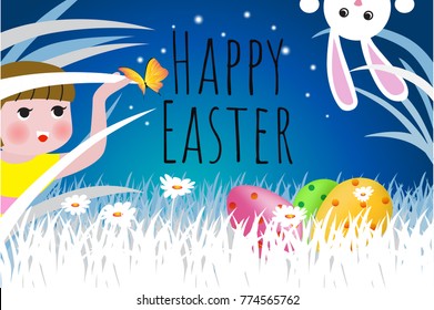 Happy Easter, Template card with eggs, grass, rabbit, flowers and butterfly.