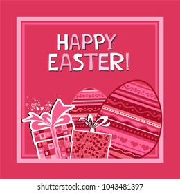 Happy Easter! Template Easter Card with red eggs and gitt box. Folk paints.  Lettering.  Vector Illustration
