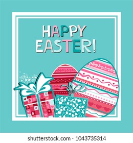Happy Easter! Template Easter Card with red eggs and gitt box. Folk paints.  Lettering.   Illustration