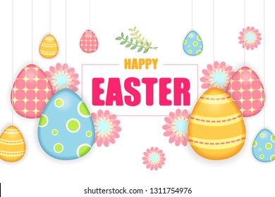 Happy easter template with colorful eggs on withe background