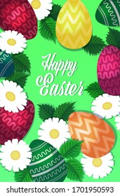 happy easter template with colorful eggs and flowers spring holiday lettering greeting card vertical vector illustration