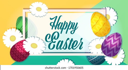 happy easter template with colorful eggs and flowers spring holiday lettering greeting card horizontal vector illustration