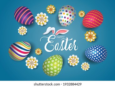 happy Easter template. colorful eggs and flowers. vector illustration design