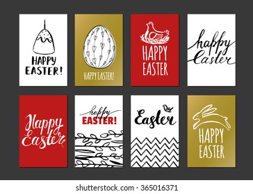 Happy Easter template design cards with nest and eggs. Modern calligraphy. Hand drawn inscription and elements. Handwritten brush lettering with rough edges.