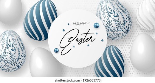 Happy easter template with eggs, dotted gold background. Vector illustration. Design layout for invitation, card, menu, flyer, banner, poster, voucher. Elegant design