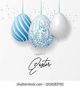 Happy easter template with eggs, dotted gold background. Vector illustration. Design layout for invitation, card, menu, flyer, banner, poster, voucher. Elegant design