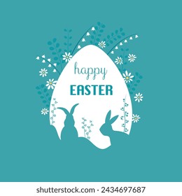 Happy easter template with emerald background, white egg, rabbits and flowers. Vector illustration. Design layout for invitation, card, menu, flyer, banner, poster, voucher. Minimalistic design.