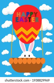 Feliz planilla de Pascua para volante, afiche, banner. con conejo en globo de aire caliente en cielo cubierto de nubes - ilustración vectorial
