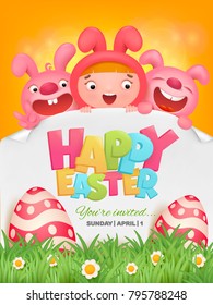 Happy easter template with girl and two pink rabbits. Vector illustration