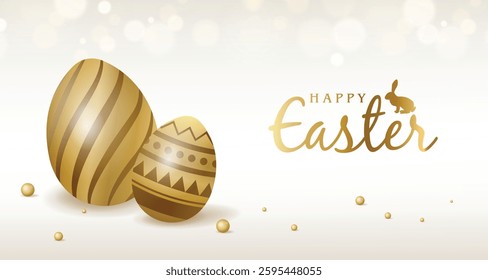 Happy easter template with gold, golden rustic eggs, luxury background. Vector illustration. Design layout for invitation, card, menu, flyer, banner, poster, voucher. Elegant design