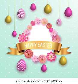 Happy easter template with gold ribbon and eggs, bunny ears, dotted green background. Vector illustration. Design layout for invitation, card, menu, flyer, banner, poster, voucher.