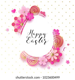 Happy easter template with gold ribbon and eggs, bunny ears, dotted green background. Vector illustration. Design layout for invitation, card, menu, flyer, banner, poster, voucher.