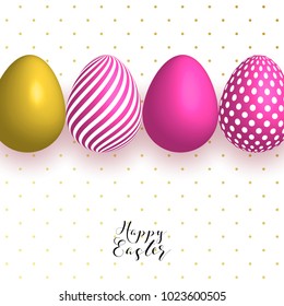 Happy easter template with gold ribbon and eggs, bunny ears, dotted green background. Vector illustration. Design layout for invitation, card, menu, flyer, banner, poster, voucher.