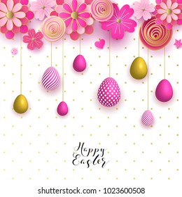 Happy easter template with gold ribbon and eggs, bunny ears, dotted green background. Vector illustration. Design layout for invitation, card, menu, flyer, banner, poster, voucher.