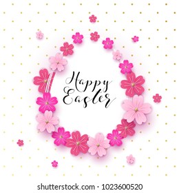 Happy easter template with gold ribbon and eggs, bunny ears, dotted green background. Vector illustration. Design layout for invitation, card, menu, flyer, banner, poster, voucher.