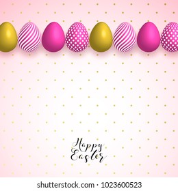 Happy easter template with gold ribbon and eggs, bunny ears, dotted green background. Vector illustration. Design layout for invitation, card, menu, flyer, banner, poster, voucher.