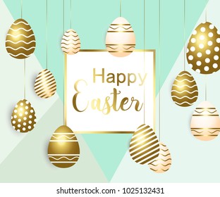 Happy easter template with gold ribbon and eggs, frame, green background and gold confetti. Vector illustration. Design layout for invitation, card, menu, flyer, banner, poster, voucher