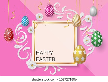 Happy easter template with gold ribbon and multi color eggs, frame, pink background and gold confetti. Vector illustration. layout for invitation, card, , flyer, banner, poster, voucher.digital craft