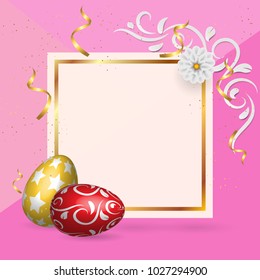 Happy easter template with gold ribbon and yellow,red eggs, frame, pink background and gold confetti. Vector illustration. layout for invitation, card, menu, flyer, poster, voucher.digital craft