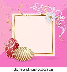 Happy easter template with gold ribbon and gold,red eggs, frame, pink background and gold confetti. Vector illustration. layout for invitation, card, menu, flyer, banner, poster, voucher.digital craft