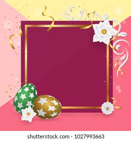 Happy easter template with gold ribbon and  eggs, pink frame, pink,yellow background and gold confetti. Vector illustration. layout for invitation, card, menu, banner, poster, voucher.digital craft