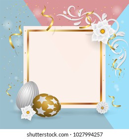 Happy easter template with gold ribbon and gold,grey eggs, frame, pink,blue background and gold confetti. Vector illustration. layout for invitation, card, menu, banner, poster, voucher.digital craft