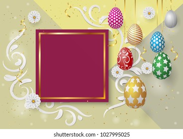 Happy easter template with gold ribbon and multicolour eggs, pink frame,blue,green background and gold confetti. Vector illustration. layout for invitation, card, menu, flyer, banner, poster, voucher.