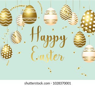 Happy easter template with gold ribbon and eggs, frame, green background and gold confetti. Vector illustration. Design layout for invitation, card, menu, flyer, banner, poster, voucher