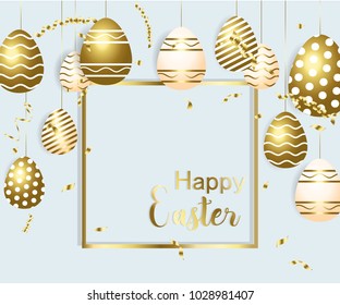 Happy easter template with gold ribbon and eggs, frame, green background and gold confetti. Vector illustration. Design layout for invitation, card, menu, flyer, banner, poster, voucher
