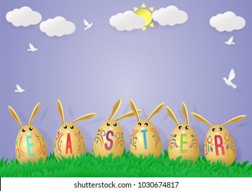 Happy easter template with gold ribbon and multi color eggs, frame, sun,grass,cloud. Vector illustration. layout for invitation, card, menu, flyer on the sky, banner, poster, voucher.