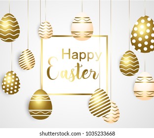 Happy easter template with gold ribbon and eggs, frame, green background and gold confetti